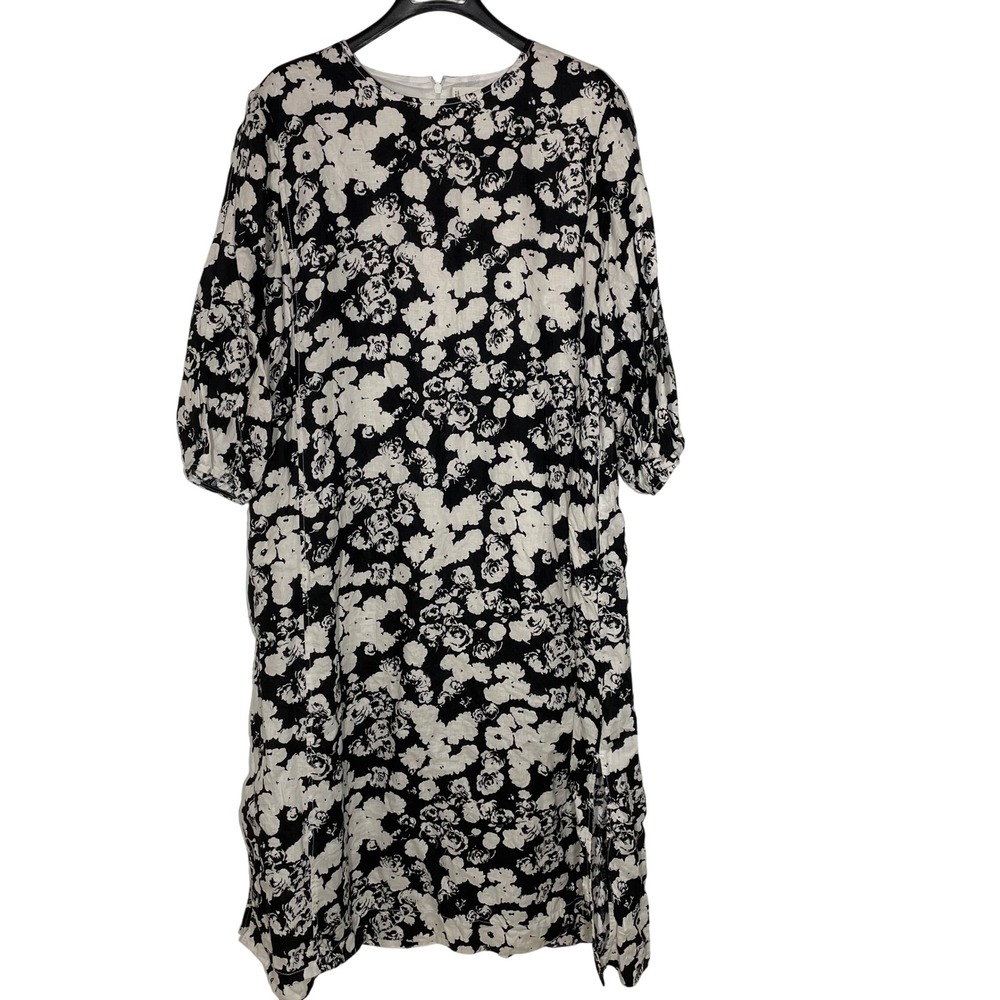 Everlane Linen Floral Abstract Midi Dress Sz 14 Lined Minimalist Puff Sleeve